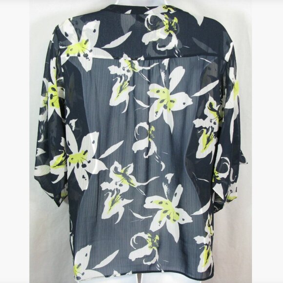 Brand New CLUB MONACO Sheer Textured Navy Floral Print Kimono Sleeve Blouse - Picture 3 of 9